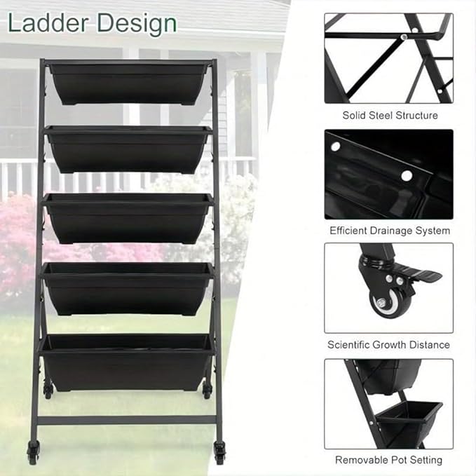 Indoor Outdoor Vertical Garden Planter, 5-Tier Planting Pot, Elevated Garden Planting Bed for Flowers Vegetable Plants, Garden Balcony Lawn, Black