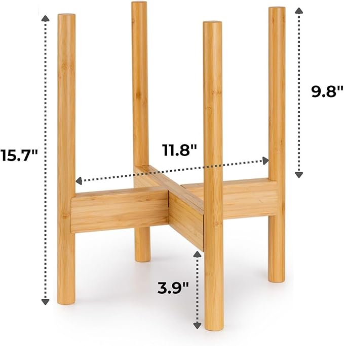Fox & Fern Bamboo Plant Stand — 11.8 Inch Fixed Size Wooden Mid Century Planter Stand for Indoor Plants; Raised Large Flower Pot Holder for Indoor Big Pots; Plug In Design; Two Height Options - Bamboo