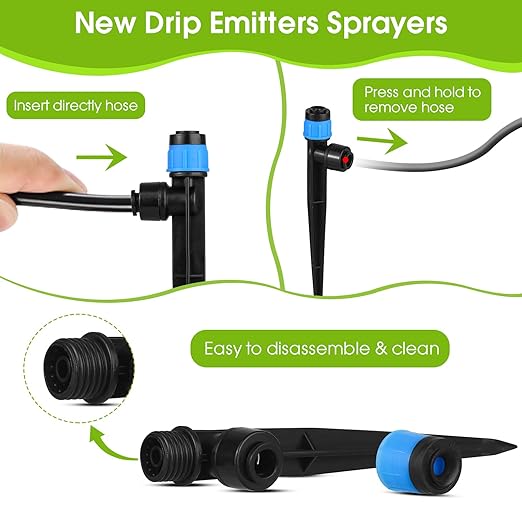 30Pcs Drip Irrigation Emitters Fan Shape with Stake for 1/4 inch Irrigation Tube Hose, 360 Degree Water Flow Drippers for House Garden Watering System (Blue)