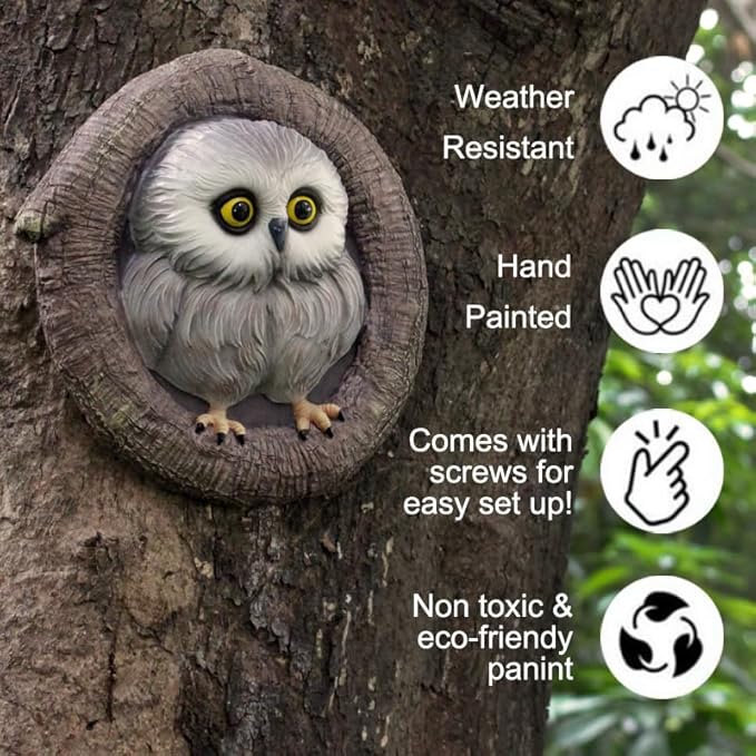 Baby Owl Resin Tree Face, Owlet Tree Hugger, Outdoor Sculpture for Tree Decorations, Whimsical Owl Garden Ornament, Tree Statue Peeker, Patio Yard Lawn Porch Decor, Durable & Waterproof Garden Present