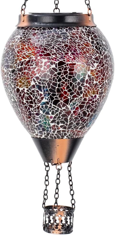 DREAMSOUL Mosaic Hot Air Balloon Solar Lantern with LED Light, Hanging Glass Solar Lanterns Outdoor Waterproof for Garden Patio Porch Decor