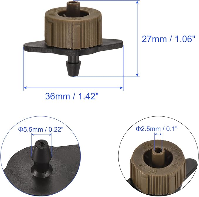 50 Pack Pressure Compensating Dripper - Garden Irrigation, Maintain Constant Flow & Drip Emitter, Apply to Outdoor Garden Lawn Tree (2 Gallon Per Hour, Black Brown)