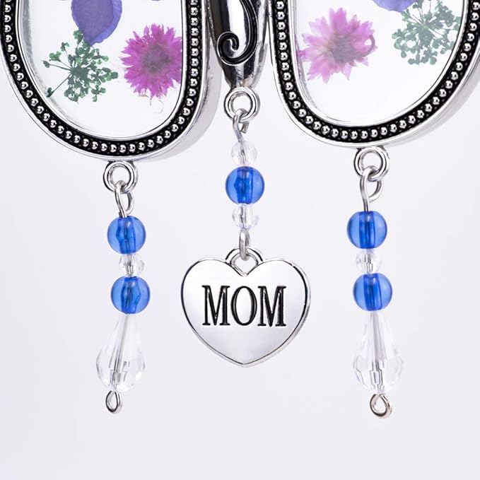 Laraine Butterfly Suncatcher with Pressed Colourful Flower Wings Mom Mother's Day Butterfly Glass Wind Chime Ornament Charm with Metal Heart Gifts for Mom Grandma Birthday (Purple Mom)
