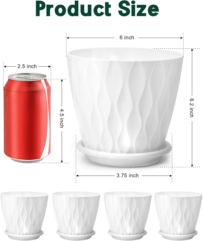 6 Inch Indoor Planter Pots with Drainage Hole and Tray Saucer,Flower Pots for Indoor Outdoor Garden Plants and Flowers, Multicolor, 5 Packs (White)