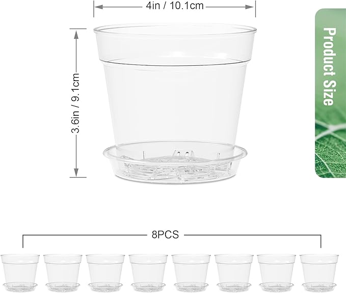 4 Inch Clear Nursery Pots, Set of 8 Transparent Plant Flower Pots for Small Indoor Plants with Drainage Holes & Trays, Plastic Seedling Starter Pots for Various Plants