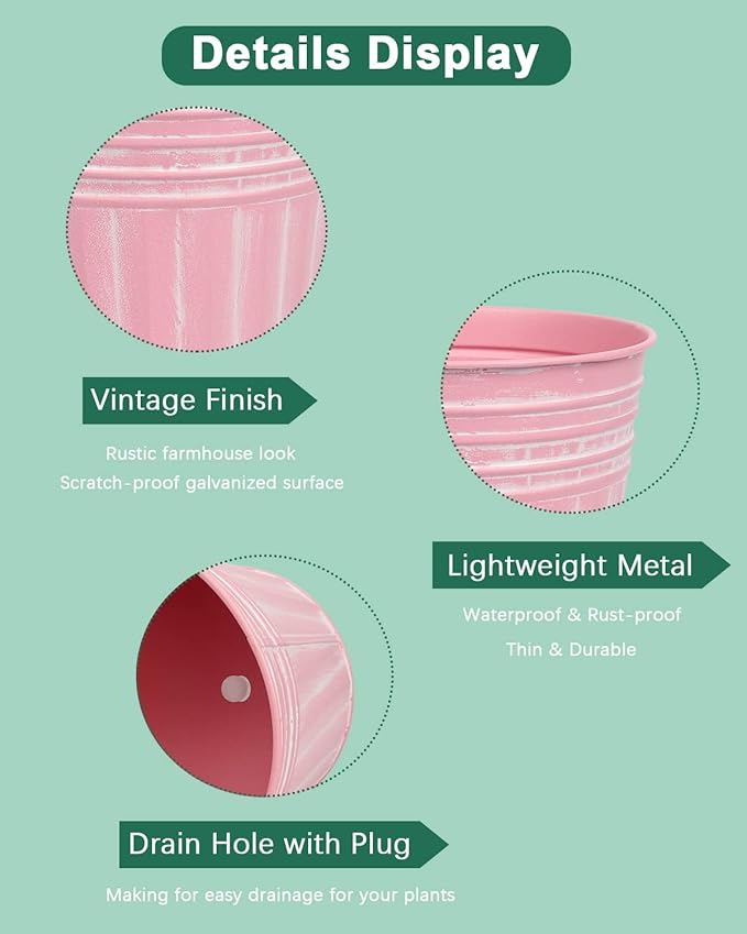 vensovo 6 Inch Pink Metal Rustic Flower Pots - 6Pcs Medium Galvanized Planters with Drainage Hole and Rubber Plug, Rustproof Metal Bucket Plant Pots Farmhouse Vintage Style for Decor