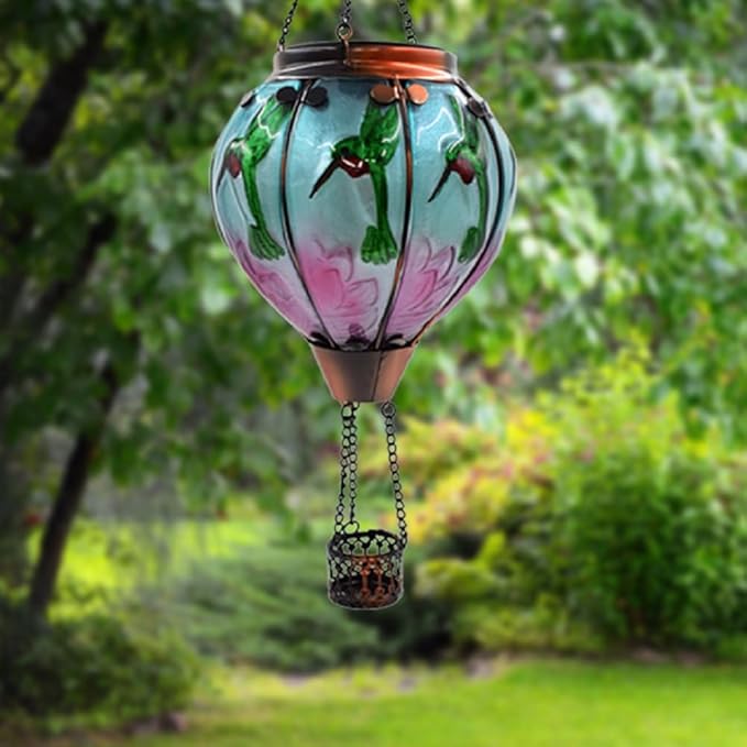 2PCS Solar Hot Air Balloon Lanterns with Flame Glass Hot Air Balloon Lights with 2PCS Shepherd's Hooks Waterproof Hanging Outdoor Solar Lantern for Yard Patio Christmas Decor (Hummingbird)