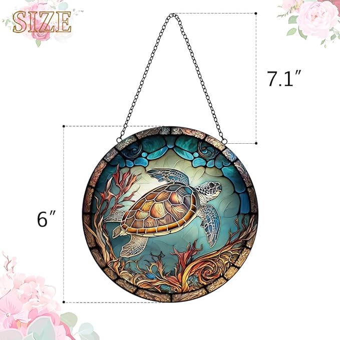 Sea Turtle Decor Suncatcher Stained Glass Window Hanging - Handmade Stained Glass Suncatchers Hangings with Hooks - Sea Art Glass Outdoor Garden Decor Gift for Women Him Valentines Day Birthday Gifts