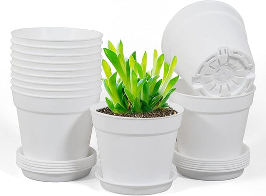12 Pack 4 inch Plastic Planters, Seedlings Plant Nursery Pots with Drainage Holes and Saucers for Plants Flowers Succulent and All House Plants, White