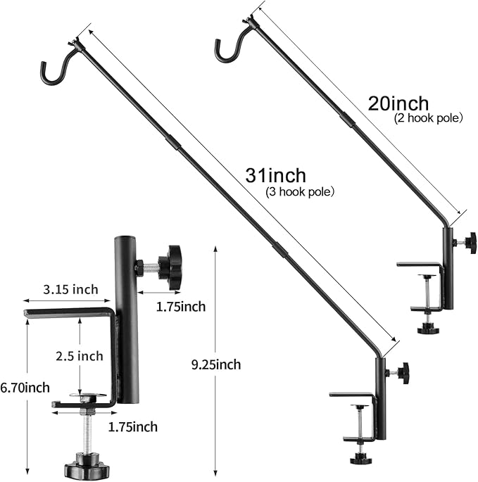 2 Pack Heavy Duty Deck Hook, 31 Inch Extended Adjustable, 360° Rotatable Arm Solid Rod, Solid Steel Deck Hangers for Hanging Bird Feeders, Plants, Planters, Suet Baskets, Lanterns, Wind Chime