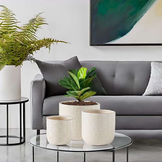 Docrin Ceramic Plant Pots Indoor：6.5+5.3+4 Inch Planters with Drainage Holes for Home/Office - Set of 3 / White