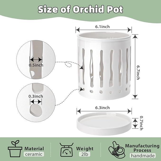 6 Inch Ceramic Orchid Pot with Large Slotted Holes, Orchid Planter for Enhanced Air Circulation, Orchid Pots with Drainage Tray, White