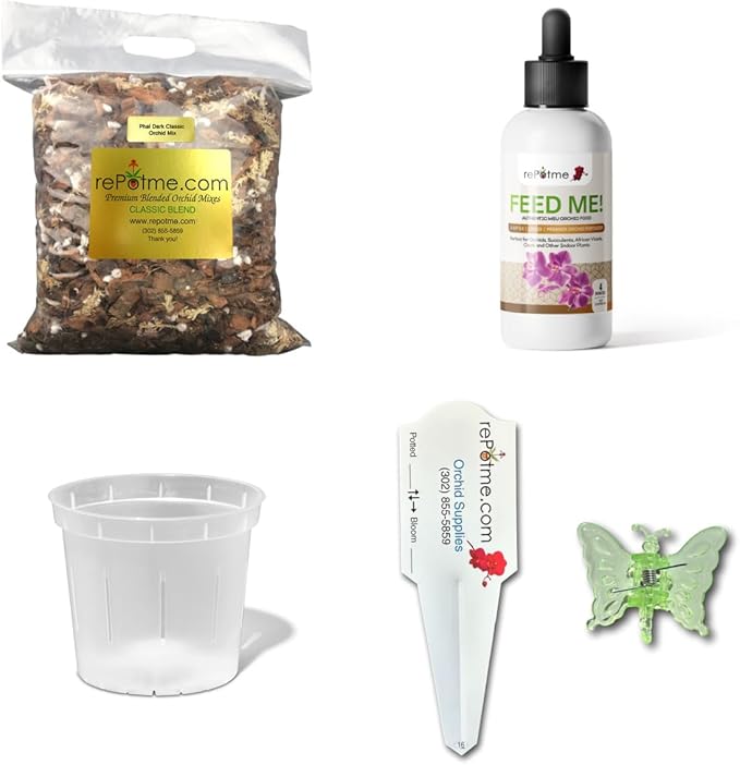 rePotme Deluxe Orchid Starter Kit - Phalaenopsis Dark Classic - (Includes Orchid Potting Mix, Orchid Fertilizer, Plus a 5 inch Orchid Pot, Flower Clip, and Plant Label)