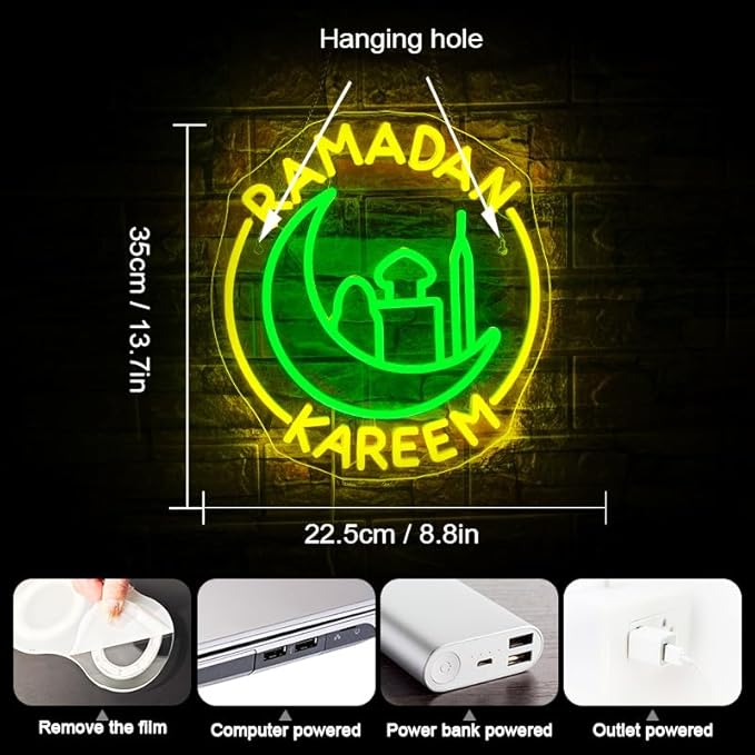 Ramadan Kareem Neon Sign Ramadan Decoration Neon Signs for Wall Decor Dimmable Ramadan Mubarak Neon Lights LED Light Up Sign for Islamic Bedroom Living Room Ramadan Celebration Gift Muslim Party