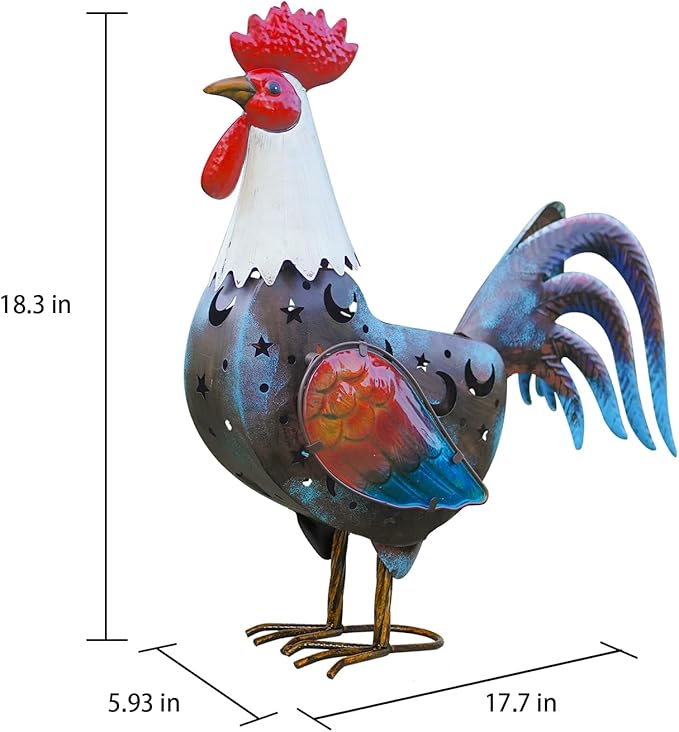 LIFFY Solar Rooster Outdoor Decor,18" Metal Rooster Yard Decor with LED Lights,Chicken Home Decorative Ornaments,Garden Statues for Outside Patio Backyard Landscape Lawn