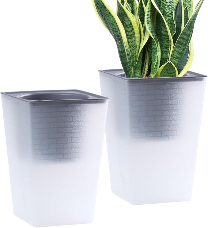 Self Watering Planter 2 Pieces 6 Inch, Plastic Flower Pots with Inner Pot Indoor Plants Brick Pattern Flowerpot for Indoor Plants, African Violets, Flowers, Herbs (Hazy White)