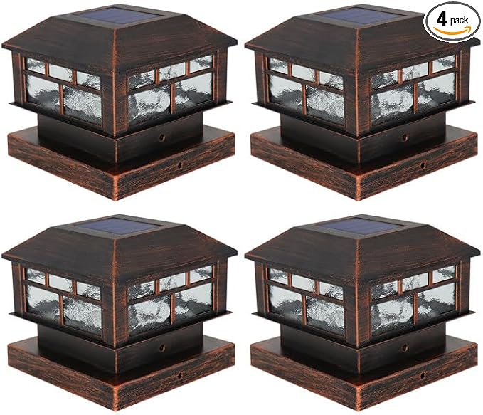 Solar Post Lights Outdoor, 20LM Fence Post Cap Lights, Waterproof, 2 Light Modes, Fit 3.5x3.5in 4x4in 5x5in Wooden Post, Solar Power Deck Lights for Garden Deck Patio Decoration(Bronze 4Pack)