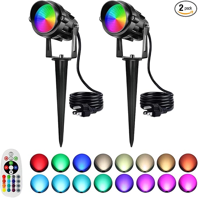 RGBW Spotlight Outdoor 12W LED Warm White Landscape Lights 120V Landscape Lighting with 3-Pin US Plug Waterproof Spot Lights Outdoor for Yard Garden Patio Lawn Decorative(2Pack)