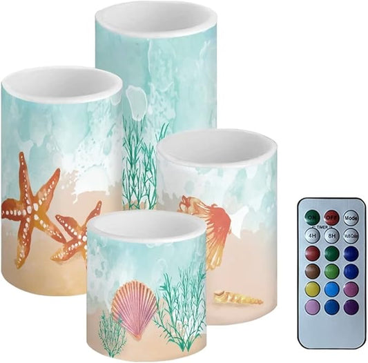 Beach Flameless Candles Battery Powered with Multicolor Timer Remote Control Everlasting Fake Candles for Coastal Marine Garden Indoor Outdoor Decor, Starfish Seashell Coral