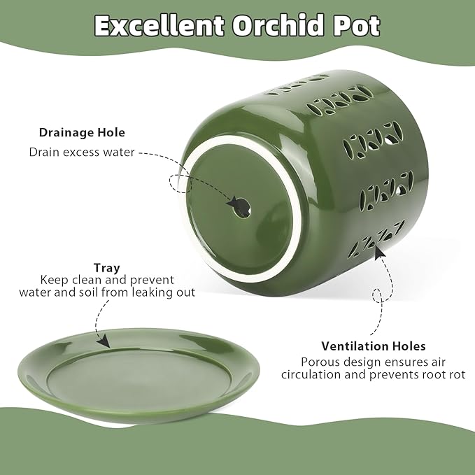 Ceramic Orchid Pots with Holes, 5 Inch+6 Inch Orchid Planter with Drainage Holes and Tray, Indoor Flower Pot for Repotting Orchids, Elegant Patina Glaze