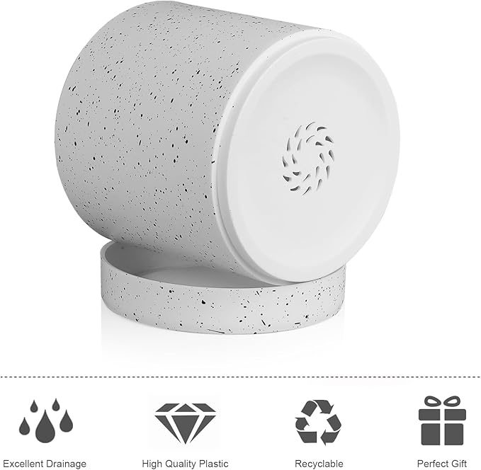 6/5/4 inch Plant Pots, 3 Pack Cylinder Flower Pots for Small Indoor Outdoor Plants, Plastic Planters with Drainage Holes and Saucers for Garden Succulent House Plants, Speckled White