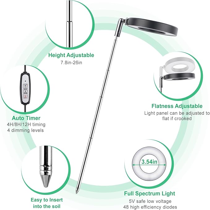 LORDEM Grow Light, Full Spectrum LED Plant Light for Indoor Plants, Height Adjustable Growing Lamp with Auto On/Off Timer, 4 Dimmable Brightness, Ideal for Small Plants, 3 Packs of Black