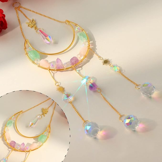 Moon Amethyst Crystals Suncatcher Hanging Windows, Healing Amethyst Fluorite Crystal Decor for Home, Gift for Christmas Birthday Valentine Mothers Day and More (Style 3)