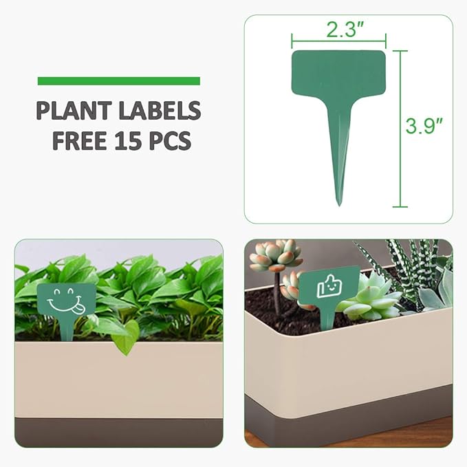 GROWNEER 3 Packs 12 Inches Window Boxes Rectangle Planter Long Pots with 15 Pcs Plant Labels Plastic Flower Plant with Saucer for Windowsill Garden Balcony Home Indoor Outdoor (Beige)