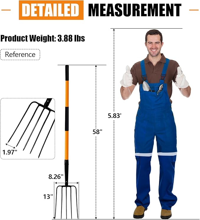 5 Tine Pitchfork for Gardening, Heavy Duty Pitchfork with Fiberglass Handle, Garden Fork for Mulching, 58 Inches