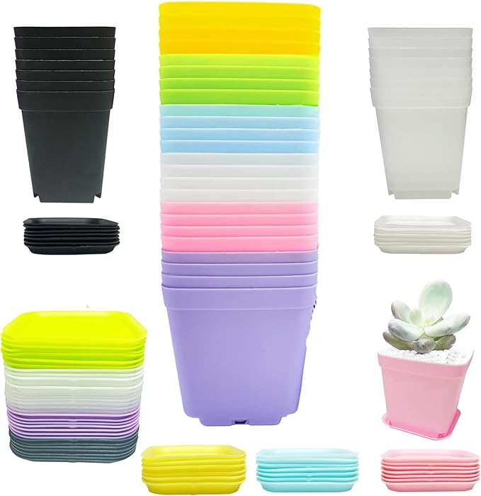 56PCS 3inch Plastic Nursery Pots,Square Plants Seedling Pots,Multicolor Small Transplanting Flower Pots for Indoor Outdoor,Succulents,Office Home Garden and Balcony Decor(8 Colors)