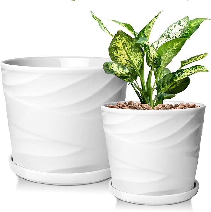 6.7 + 5.5 Inch Plant Pot, Ceramic Planter with Drainage and Saucer，Ceramic Pots for Plants, Indoor Plant pots，Succulent Orchid Flower Pot(Pure White)