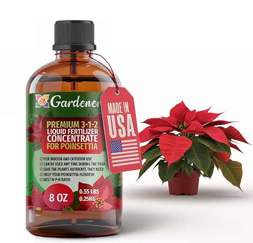 Poinsettia Plant Fertilizer - 3-1-2 NPK - Organic Liquid Plant Food for Christmas Flowers and Trees - 8oz Concentrate