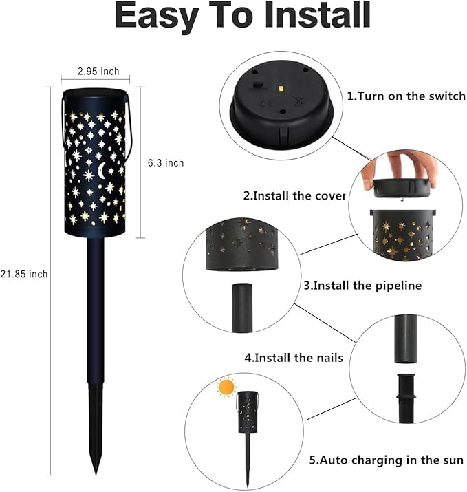 Solar Garden Lights - 6 Pack Black Star Moon, Waterproof Outdoor Path Lights