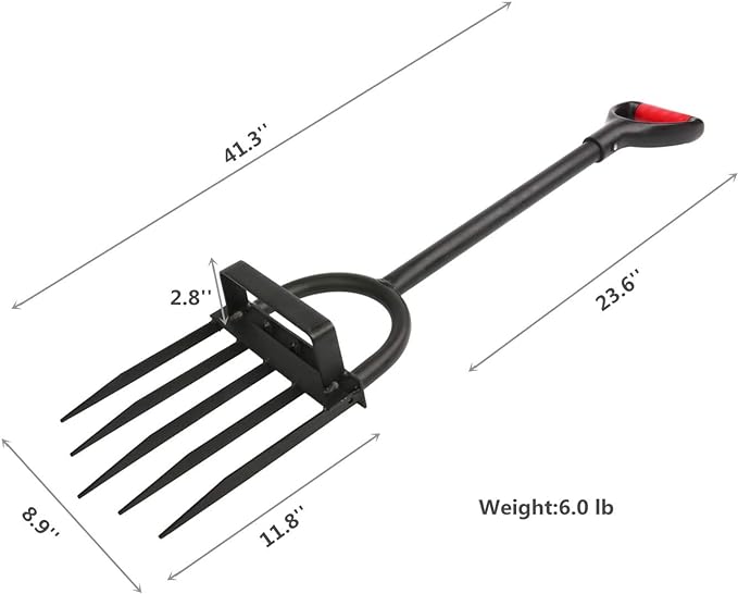 5-Tine Heavy Duty Pitch Fork for Gardening - Long Handled Digging Fork Garden Claw Weeder
