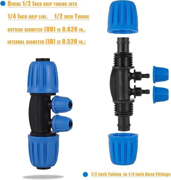 10 Pcs Barbed Tee 1/2 inch Tubing (1/2" ID x0.6-0.63" OD) 16mm to 1/4 inch Irrigation Tube Anti-Drop Quality Fitting (Fits 13mm ID / 4mm ID) (4-way Lock Buckle Blue)