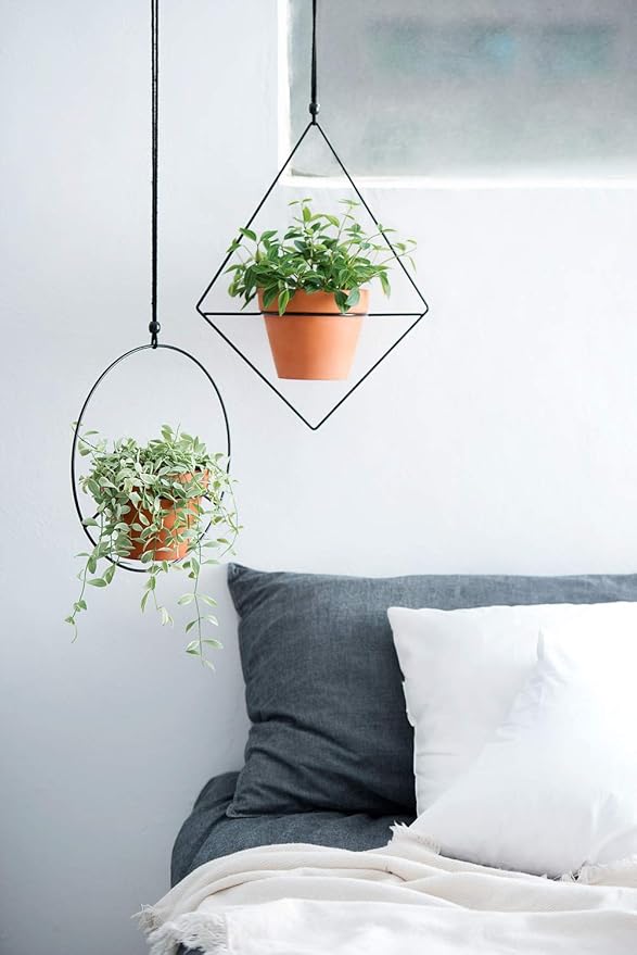 Mkono Boho Hanging Planter, Set of 2 Metal Plant Hanger with Plastic Pots, Modern Mid Century Flower Pot Plant Holder in Diamond and Circle Shape, Fits 6 Inch Planter (Pots Included), Black