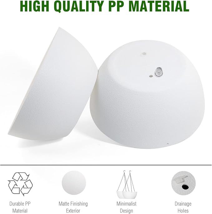 13 inch Large Hanging Planters Plant Pots for Outdoor Indoor Plants with Drainage Holes and Chain, 2 Pack Round Hanging Flower Pots for Garden Home Porch Decor, White