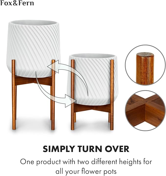 Fox & Fern Mid Century Plant Stand — 11.8 Inch Fixed Size Wooden Plant Stand for Indoor Planters; Raised Large Flower Pot Holder for Indoor Big Pots; Plug In Design; Two Height Options - Acacia