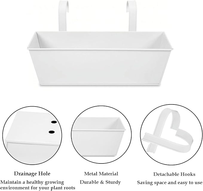 3 Pcs Large Hanging Flower Pots for Railing Or Fence 16 Inch Railing Planter Box for Any Balcony, Porch or Deck Countryside Style Window Planter Boxes Are Perfect to Herbs & Flowers for Garden (White)