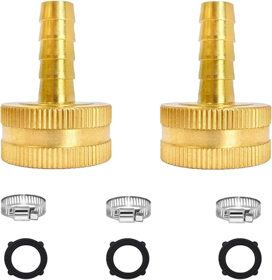 3/8" Barb x 3/4" Female GHT Thread Solid Brass Water Hose End Repair Connector, Includes Stainless Steel Clamps and gaskets（Pack of 2）