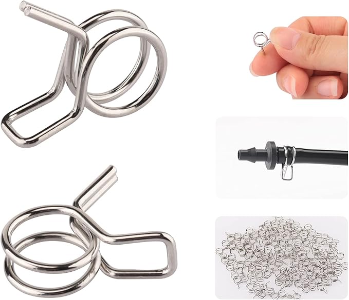1/4" Irrigation Hose Clamps, 100 Double Line Hose Pipe Spring Clamps, Drip Irrigation Kit Connector Leak Solution