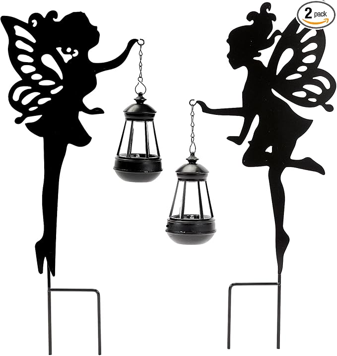 Solar Fairy Garden Decor – YUNJACKEYDZ 2 Pack Metal Fairy Hanging Lantern Solar Outdoor Garden Decoration Silhouette Light Stake Garden Decorative Stake Ornaments for Lawn,Patio or Courtyard,Gifts
