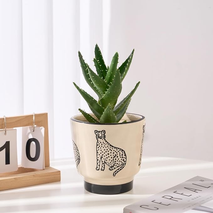Indoor Ceramic Plant Pots with Drainage Holes 5 Inch Cute Succulent Flower Pots Small Orchid Planter Pots for Indoor Plants Garden Pots, Panther