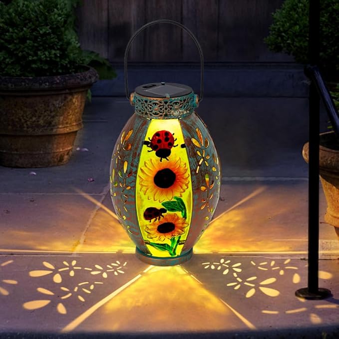 Sunflower Solar Lanterns Outdoor Waterproof,Hanging Solar Lantern,Sunflower Lanterns Decorative Outdoor,Glass & Metal Solar Lights for Tabletop Patio Porch Decor