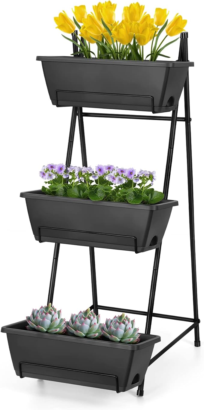 Vertical Garden Planter 3 Tier Raised Garden Bed Freestanding Elevated Raised Planter Boxes Outdoor Herb Planter Stand with Removable Tray on Patio Balcony Porch Grey