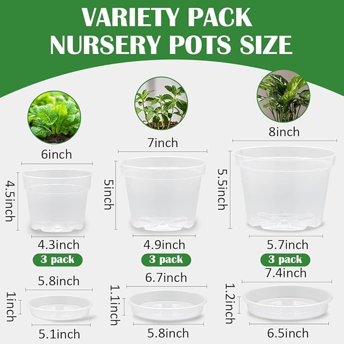 9 Pack 8/7/6 Inch Clear Nursery Pots for Plants with Saucer, Transparent Plastic Plant Pots with Drainage Holes, Sturdy Seedling Starter Pot, Garden Planter Pot for Succulents Flowers Herb Vegetables