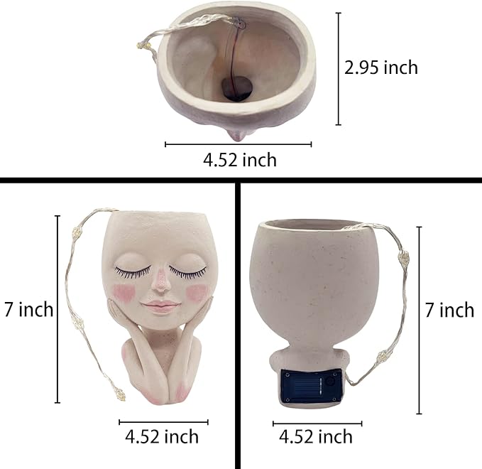 Solar-Face Flower Pot Head Planter Pots - LED String Lights Warterproof Resin Succulent Cactus Planters Pots with Drainage Hole Cute Lady Closed Eyes Indoor Outdoor Garden Decor (Large)