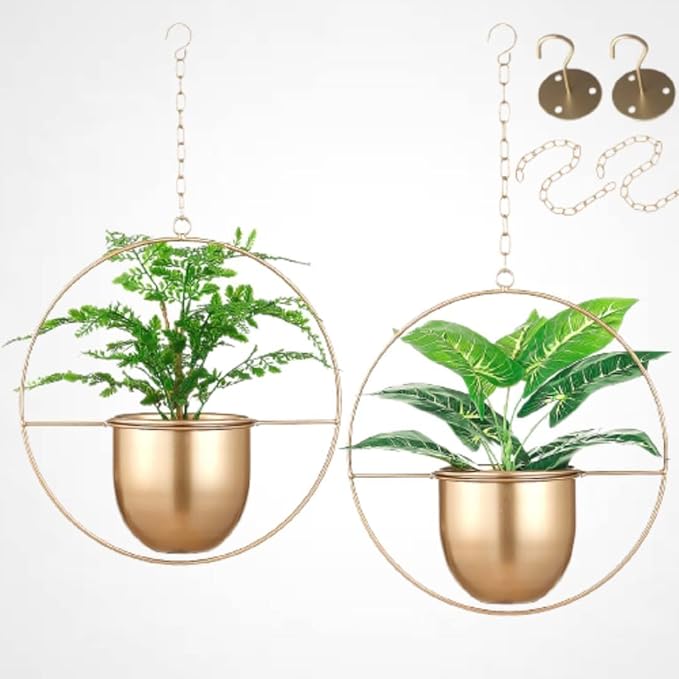 2 Pack Gold Hanging Planter, Hanging Planters for Indoor Plants with 5.5" Pot + Ceiling Hook + Extender Chain, Gold Plant Hanger, NO Plant incld