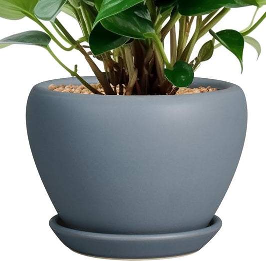 Ceramic Pot for Plants - 6 Inch Plant Pot Indoor with Drainage Hole and Saucer Decorative Planter for Outdoor Plants Modern Succulent Pot Round Flower Pot Gray