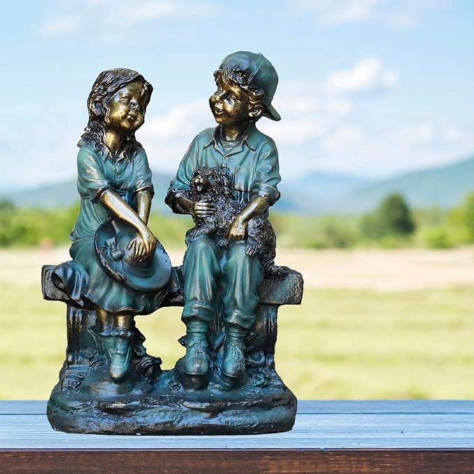 Alpine Corporation 16" Tall Indoor/Outdoor Girl and Boy Sitting on Bench with Puppy Statue Yard Art Decoration
